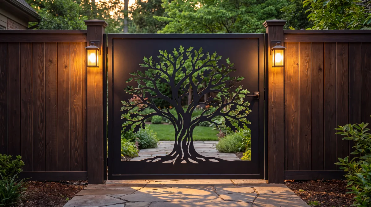 Custom laser-cut steel garden gate with an oak tree pattern, lit at dusk