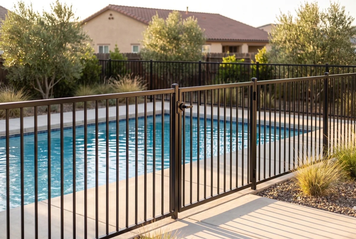 Black steel pool safety fence with a self-closing gate around a backyard pool