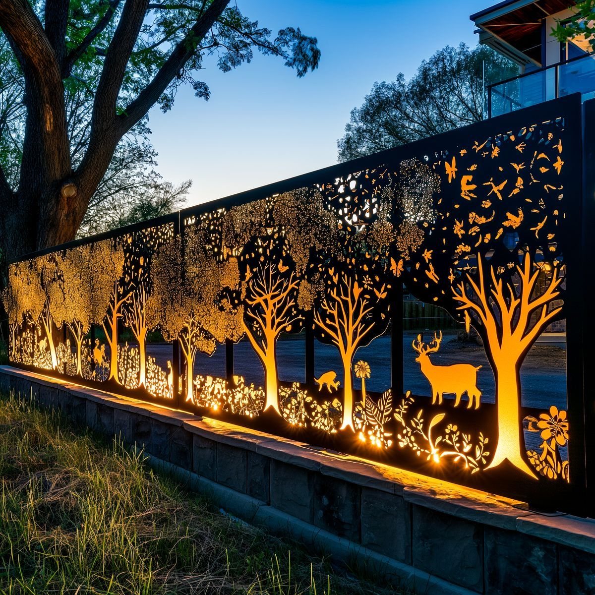 Laser-cut steel fence panels backlit at dusk